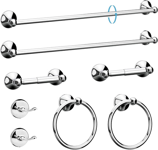8-Pieces Bathroom Hardware Set. Bathroom Accessory Set. Includes 15/24 Adjustable Bath Towel Bar. Towel Rings Wall Mounted. Toilet Paper Holder. Robe Towel Hooks (Polished Chrome)