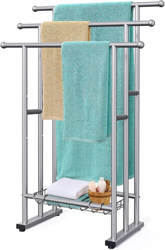 40 Tall Freestanding Towel Racks for Bathroom. 3 Tier Floor Towel Rack with Storage Basket. Blanket Ladder Drying and Display Rack for Large Bath & Hand Towel Outdoor Poolside (Silver)