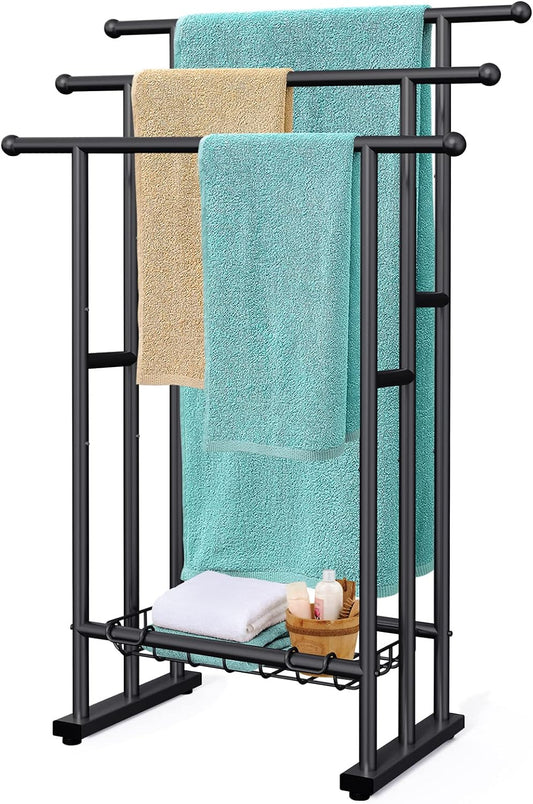 40 Tall Freestanding Towel Racks for Bathroom. 3 Tier Floor Towel Rack with Storage Basket. Blanket Ladder Drying and Display Rack for Large Bath & Hand Towel Outdoor Poolside (Silver)