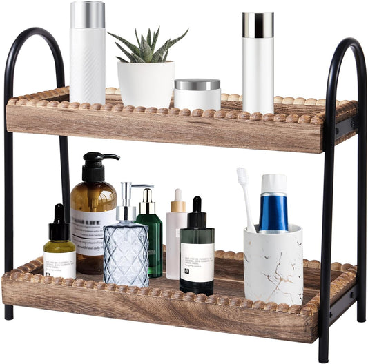 Bathroom Countertop Organizer. 2 Tier Vanity Organizer and Storage for Cosmetic Skincare Perfume. Wood Bead Storage Shelf for Bathroom Kitchen Coffee Station