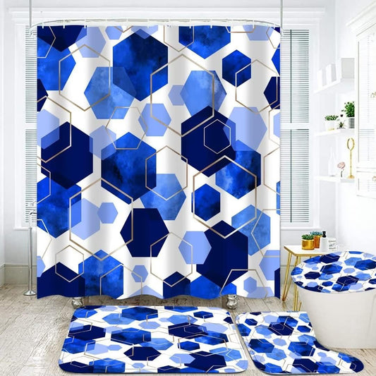 4Pcs Sky Blue Geometric Shower Curtain Set with Navy Blue Abstract Art. 12 Hooks. Bath Mat and Rugs